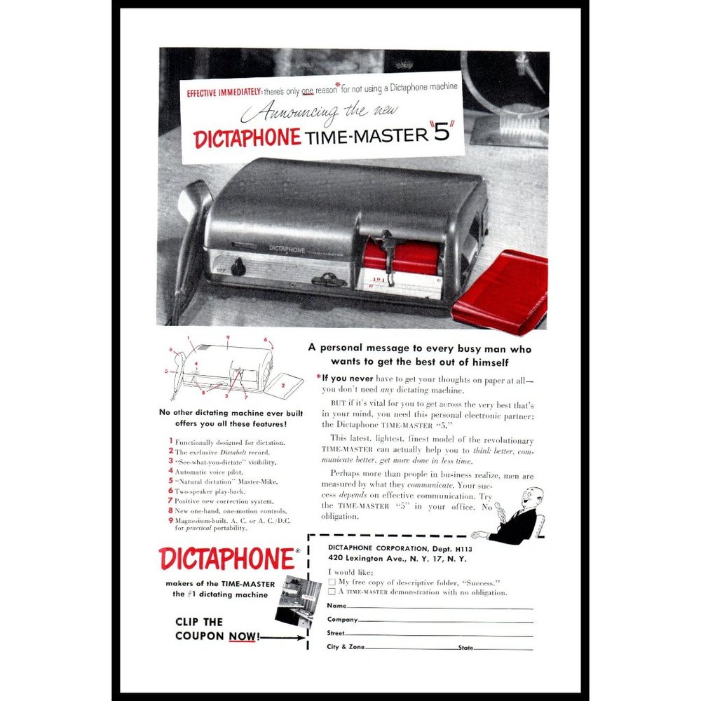 1953 Dictaphone Time-Master 5 Vintage Print Ad Retro Office Equipment Wall Art